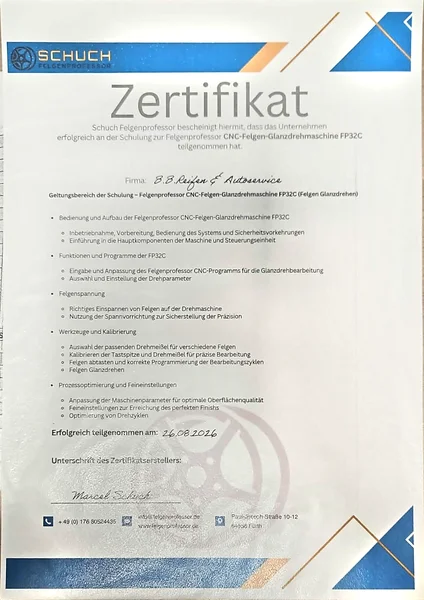 Schuch Felgenprofessor: Schulungszertifikat FP32C für B.B. Reifen & Autoservice, 26. August 2026